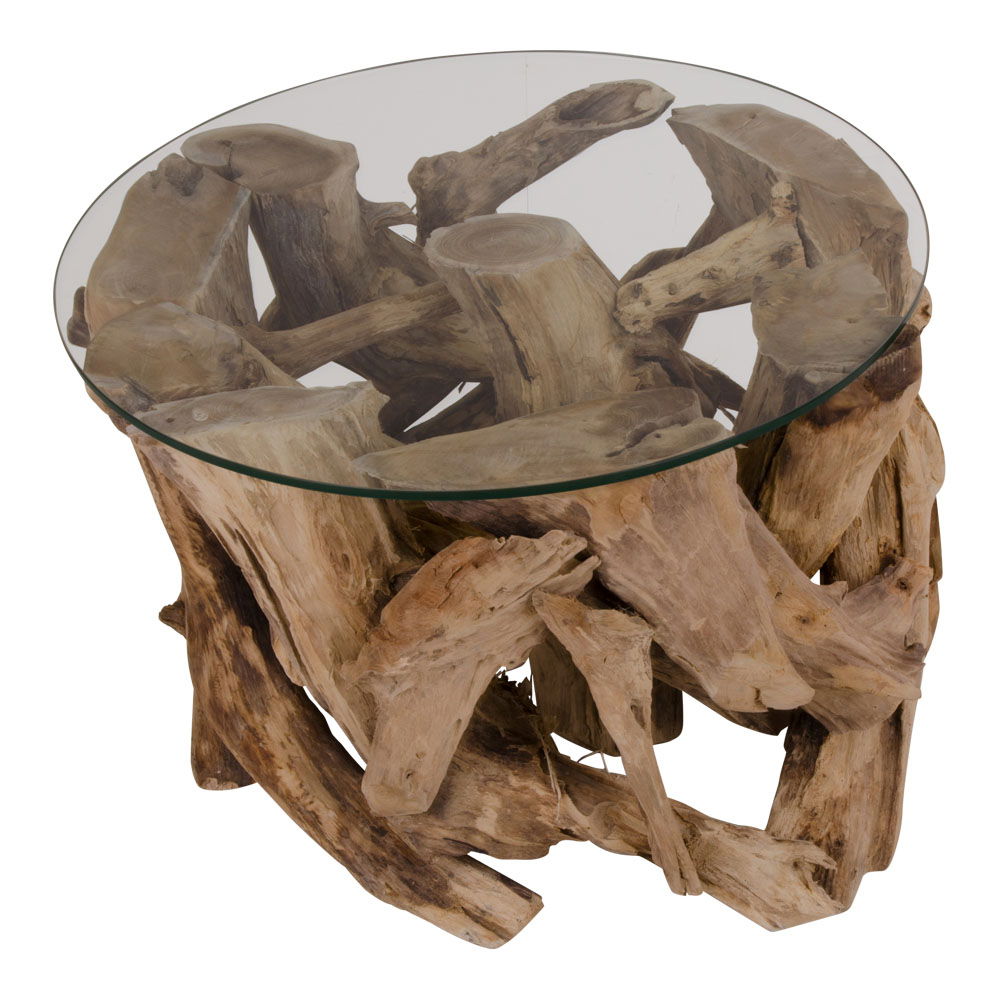 Grand Canyon – Couchtisch aus Glas und Teakholz, Ø60x40 cm